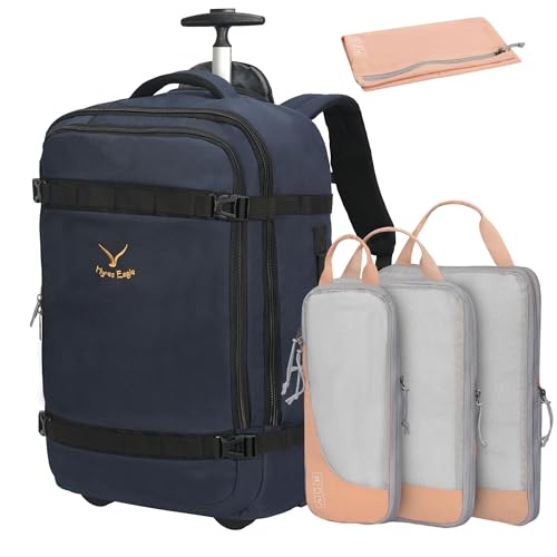 Hynes Eagle 42L Rolling Backpack Wheeled Backpack Flight Approved Travel Backpack Carry on Luggage Dark Blue with Compression Packing Cubes Set 4PCS Light Pink