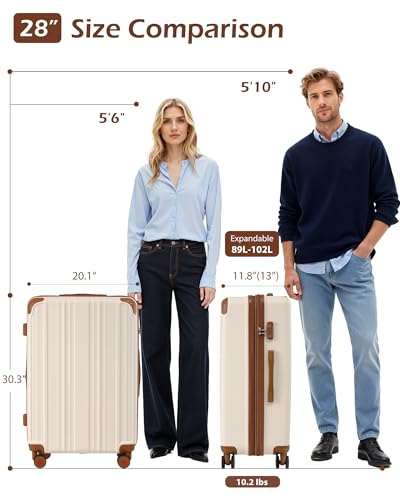 Coolife Luggage Expandable(only 28") Suitcase PC+ABS Spinner 20in 24in 28in Carry on (apricot white, L(28in))