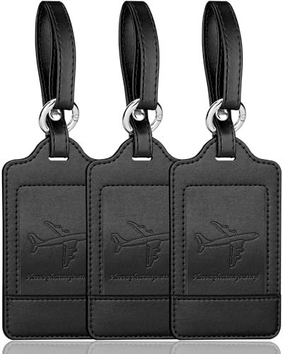 3 Pack Luggage Tags - Quick Install, Privacy Protection, Airplane Travel Essentials for Suitcases, Durable Leather - Black