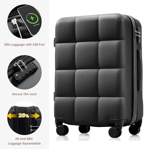 Merax USB Port 3pc ABS Hardside Luggage Sets Expandable Spinner Wheels, All Black, 20/24/28 Inch