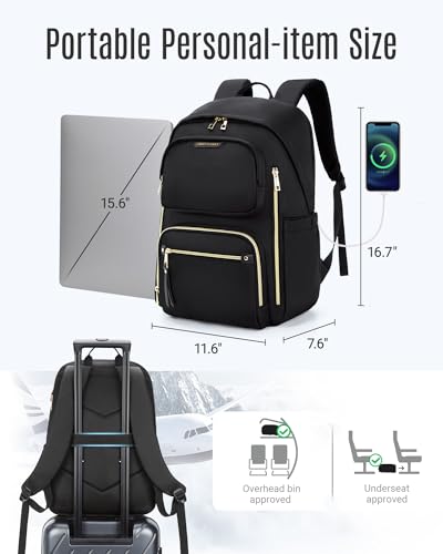 LIGHT FLIGHT Women's Laptop Backpack Fit for 15.6 Inch for Travel Work Business College, Large Capacity Stylish Bookbag with USB Port and Water-Resistant for Daily Use,Black