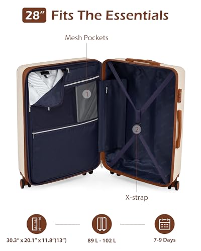 Coolife Luggage Expandable(only 28") Suitcase PC+ABS Spinner 20in 24in 28in Carry on (apricot white, L(28in))