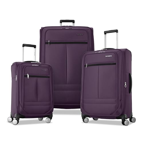 Samsonite 3-PC Soft-Sided 21/25/29” (Carry-On, Medium, Large Checked), Lightweight Expandable Element Luggage Set: 2 Front & Side Pocket, Four Spinner Wheels, Adjustable Handle, Durable- Purple
