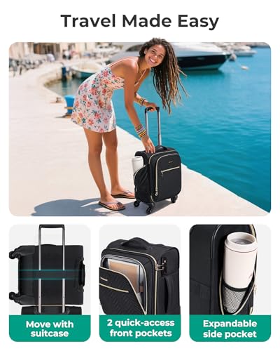 BAGSMART Underseat Carry On luggage Airline approved, 16-inch Softside Underseater Travel Suitcase with Spinner Wheels Lightweight Overnight Bag Small Rolling Carry-on for Women Men Weekender,Black