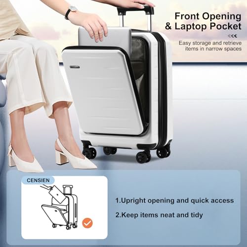 CENSIEN Luggage Sets 2 Pieces, 20 Inch Carry On Luggage and Expandable 28 Inch Checked Luggage with Spinner Wheels, Lightweight ABS+PC Hard Shell Suitcase with Front Opening, TSA Lock (White, 20/28)