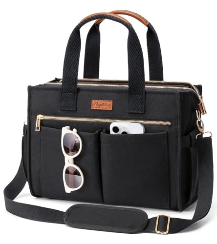 Canvas Tote Bag for Women, 15-Pocket Large Crossbody Purse Shoulder Satchel Handbag Bible Laptop Bag Zipper Bookbag for Teacher Nurse Work Travel College Everyday