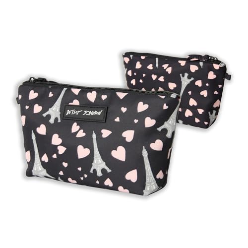 Betsey Johnson 8.5 Inch Zipper Cosmetic Pouch Small Toiletry Bag Lightweight Durable Polyester Organizer with Inner Zipped Pocket Good For Makeup Accessories and Travel Needs (Paris Love)