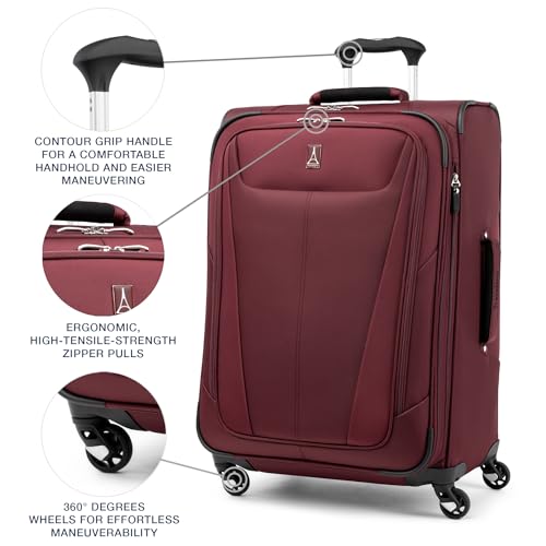 Travelpro Maxlite 5 Softside Expandable Luggage with 4 Spinner Wheels, Lightweight Suitcase, Men and Women, Burgundy, Checked-Medium 25-Inch