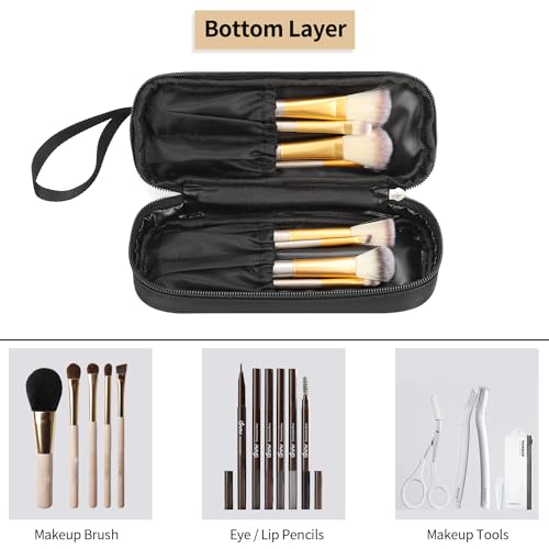 Ethereal Small Makeup Bag, 2 Layers Travel Makeup Bag with Makeup Brush Holder, Cosmetic Bag Black Make up Pouch for Women/Girls