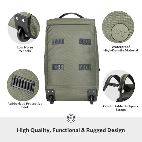 STOVER 45L Carry-On U-Zip Rolling Duffel Bag with Wheels, Medium Durable Travel Duffle w/Toiletry Bag, Heavy-Duty, Packable, Foldable w/Shoulder Straps- Use as Luggage or Backpack, Men/Women (Green)