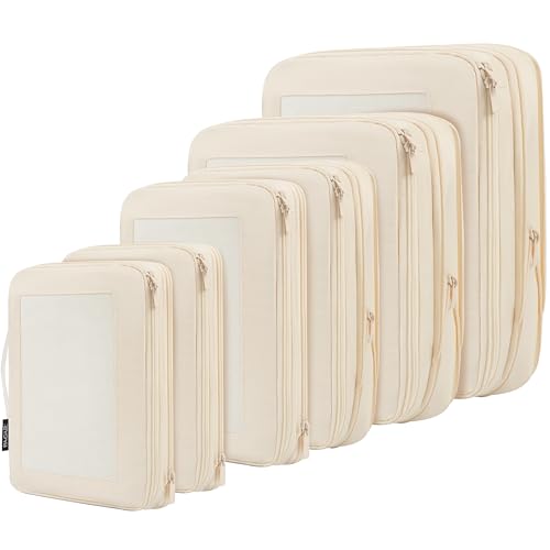 BAGAIL 4 Set/6 Set/8 Set Compression Packing Cubes Travel Accessories Expandable Packing Organizers (Square Mesh, 06-Beige)