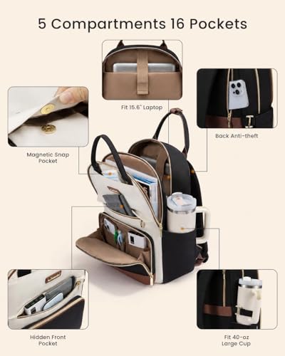 LOVEVOOK Laptop Backpack for Women with Giant Tumbler Holder Pocket, 15.6 inch Travel Work Backpack Purse for Teacher Nurse, Waterproof College Book Bag Cute Casual Daypack, Beige-Black-Brown