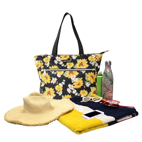 Betsey Johnson 15.6 Inch Zipper Beach Tote Bag with Cosmetic Pouch Lightweight Large Durable Polyester with Mesh Side Pockets for Gym Work, Sunflowers