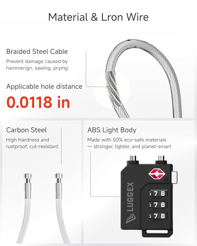 LUGGEX TSA Locks for Luggage, Suitcase Locks TSA Approved, Luggage Locks, Gift Box, Ease of Use & Durable(Silver Cable,4 Pack)