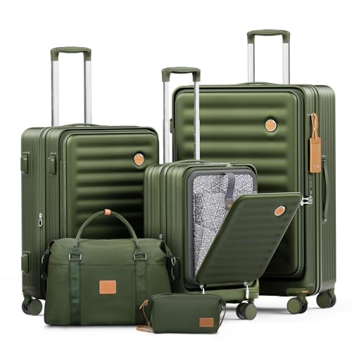 Joyway Luggage Sets 5 Piece with Front Pocket, Expandable Top Opening Suitcase Set, PC Hardside Carry on Suitcase with Spinner Wheels and TSA Lock (Dark Green)