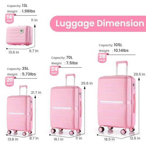 Merax 4 Piece Luggage Set, PP Lightweight Expandable Suitcase with Spinner Wheels and TSA Lock, 14”20”24”28”, Pink