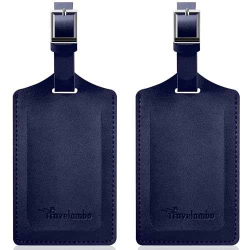 Travelambo Luggage Tags for Suitcases Faux Leather Privacy Protection 2 Pack Bag Tags Travel Accessories Essential, Deep Blue
