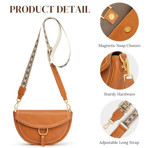 S-ZONE Crossbody Bags for Women Top Grain Leather Shoulder Bag Small Cross Body Purse with Adjustable Wide Strap Cognac