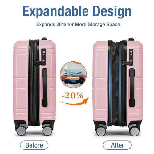 KYME Carry On Luggage 22x14x9 Airline Approved,Hardshell Carry On Suitcase with Tsa Lock,Small Suitcases with Wheels,Travel Luggage for Men Women,Expandable Carry-On 20 Inch,Pink