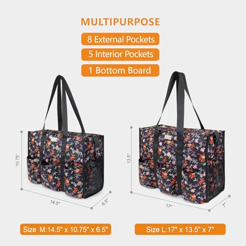 TOPDesign Utility Water Resistant Tote Bag with 13 Exterior & Interior Pockets, Top Zipper Closure & Thick Bottom Support, for Working Women, Teachers, Nurses, Accountants (Small Floral)