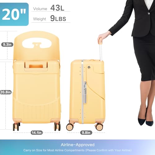 smilesun 20" Carry On Luggage with Seat For Kids & Adults，Hardside Ride On Suitcase with 360°Spinner and TSA Lock For Travel (Yellow, 20")