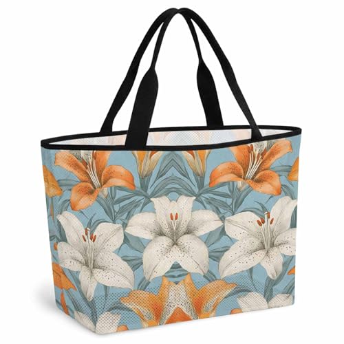 Lily Flower Mesh Beach Bag, White Orange Blooms Floral Watercolor Blue Large Tote Bag for Swim Pool Beach Travel
