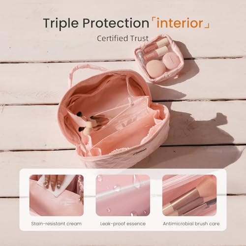 LOVEVOOK Travel Makeup Bag for Women, 2Pcs Puffer Waterproof Cosmetic Organizer, Large Capacity Pouch Open Flat Small Toiletry Bag with Brush Compartment & Handle (Pink, Medium)