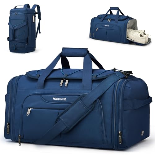 Hanke Expandable Carry On Luggage Bag,3 in 1 Duffle Bag for Travel,45L-55L Weekender Overnight Bag with 15.6" Compartment for Women & Men (Blue)