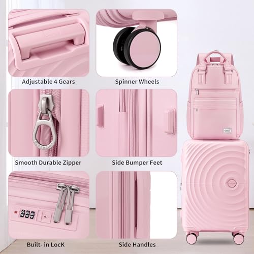 LARVENDER Carry On Luggage Set 22x14x9 Airline Approved, Expandable 20 Inch Carry-On Suitcases With Wheels, Lightweight Luggage Sets 3 Pieces With Backpack, Light Pink