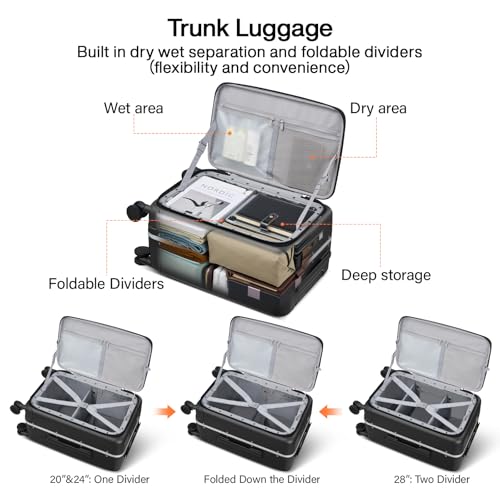 Hanke 28 Inch Checked Luggage with Cup Holder and USB Ports, Top Opening Hard Shell Suitcase with Wheels, Aluminum Frame Large Trunk Luggage with Foldable Divider & TSA Lock for Travel, Jet Black