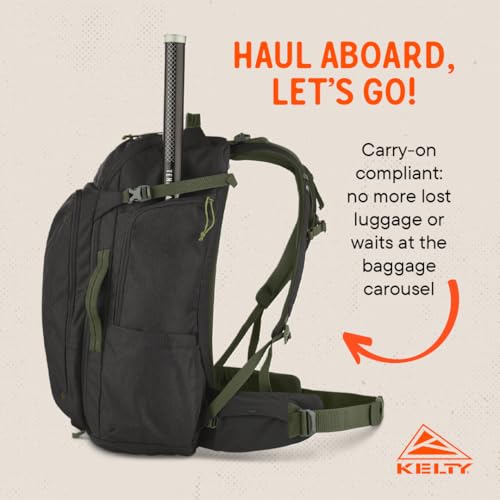Kelty Redwing Traveler Backpack, Travel Pack with Wide U Zip Opening, Signature Wing Pockets, 30-50L Capacity (50L Black)