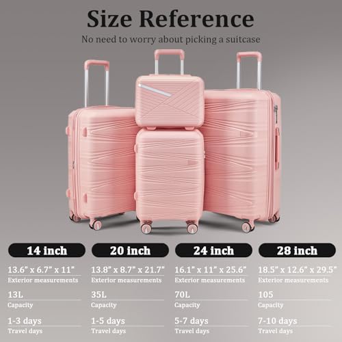 TRAVELEO 4 Piece Luggage Set PP Hardshell, Expandable Suitcase Set (20/24/28) with 14" Cosmetic Case, Lightweight Spinner Wheels with TSA Lock, Detachable Wheels for Nesting Storage (Pink)
