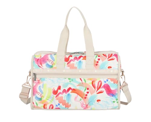 LeSportsac Abstract Canvas Deluxe Medium Weekender Crossbody Bag, Style 4318/Color E838, Vibrant Tropical Watercolor Style Brushstrokes Unite in Eclectic Modern Interpretive Wearable Art in Motion