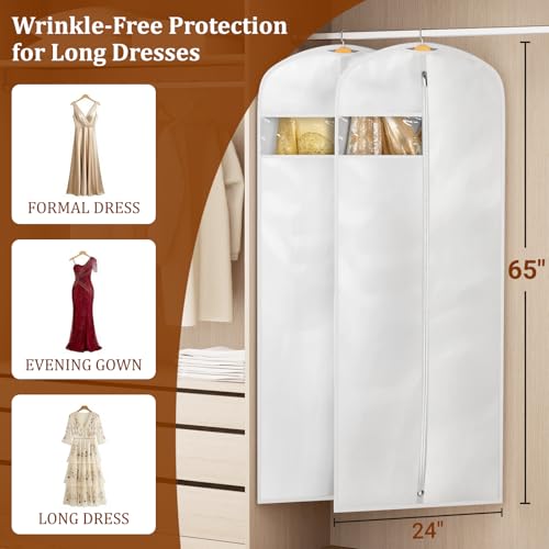 KIMBORA 65" Dress Bags for Gowns Long Garment Bags for Hanging Clothes with Clear Window, Foldable Wedding Dress Cover for Closet Storage and Travel (2 Packs, White)