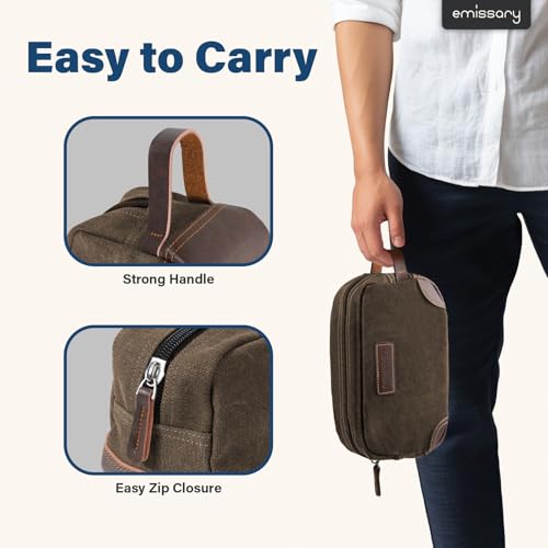 emissary Men's Toiletry Bag, Leather and Canvas Travel Toiletry Bag, Dopp Kit for Men, Travel Bathroom Bag Men's Shaving Kit, Travel Kit Small Bags for Men, Shaving Bag for Travel Accessories (Coffee)