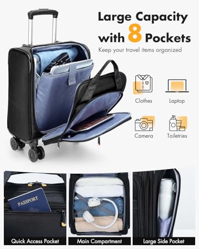 Lekebobor Underseat Carry On Luggage with Spinner Wheels,16 Inch Softside Suitcase with Detachable Wheels, Lightweight Travel Luggage Bag for Men Women, Black