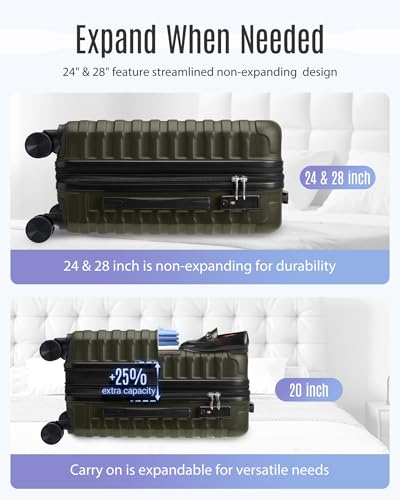 LIGHT FLIGHT Luggage Sets, 3 Piece Durable Suitcase Set with Spinner Wheels, 3 Pcs Hardside Lightweight luggage with TSA Lock, Large Checked Travel Suitcases, 20/24/28 Inch, Pine Green