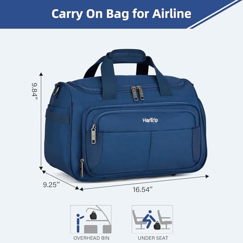 HanTrip Carry on Duffel Bag Foldable Duffle Bags for Travel, Under Seat Personal Item Bags for Airplanes, Weekender Overnight Mens Travel Tote Bag for Women Small Softside Carry on Luggage (Blue)
