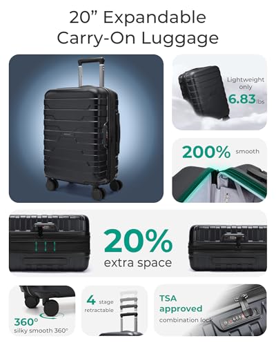 BAGSMART Carry On Luggage 22x14x9 Airline Approved with Spinner Wheels,Lightweight 20 Inch Luggage with TSA Lock,Expandable Hard Shell Carry On Suitcases for Men Women,Black