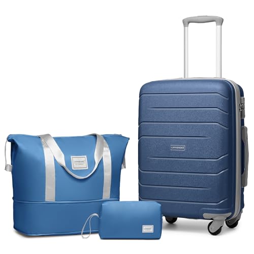 LARVENDER 3-Piece Carry On Luggage Set for Women,Hard Shell Suitcase 20Inch Carry On Luggage 22x14x9 Airline Approved, Spinner Wheel and TSA Lock（Navy 20Inch/DB/TB）