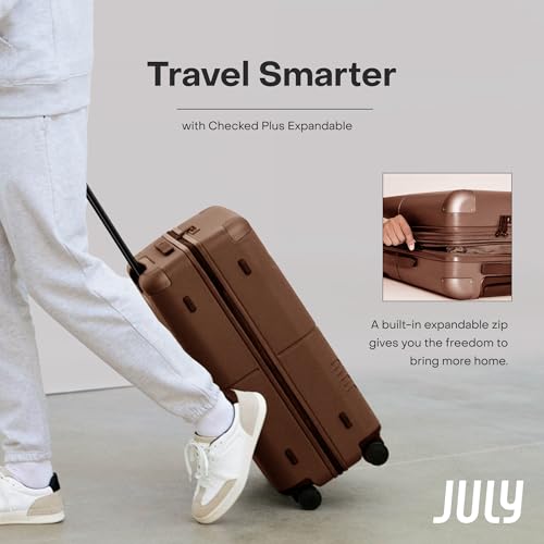 July Checked Plus Expandable - 28.75" Airline Approved Check In Luggage with Wheels, Rolling Suitcase for Men & Women - TSA Lock, Silent Spinner Wheels, Expansion Zip, Y-Strap - Dark Brown