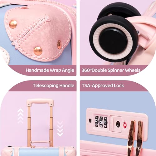 Miss.Box Vintage Carry On Luggage Set with Wheels for Women, Retro Trunk Style PU Leather Suitcase with Matching Vanity Case, 14” & 18” Set