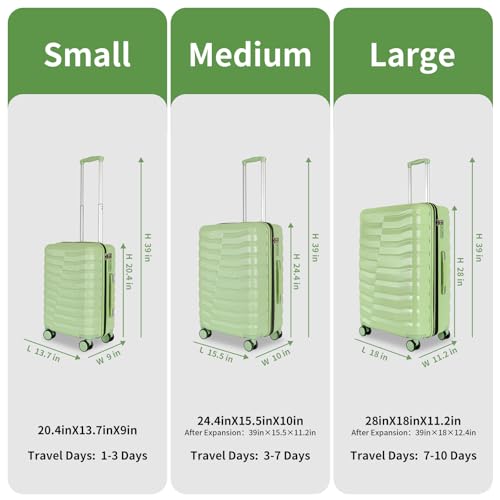 WireHot Lightweight Luggage with Spinner Wheels & YKK Zipper, 3-Piece Travel Suitcase ABS+PC Hardshell Luggage Set with TSA Lock, Light Avocado Green (20+24+28 inch)