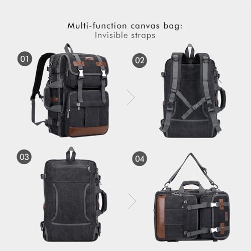 WITZMAN Canvas Travel Backpack for Men Large Laptop Backpack Fit 16 inch Carry-on Airline Approved Convertible Shoulder Rucksack(A6617-3 Black)