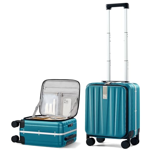 Hanke 16 Inch Small Carry On Luggage Hard Shell Top Opening Aluminum Frame Suitcase with Spinner Wheels, Underseat Front Open Luggage for Men & Women Business Travel and Short Trips, Caribbean Blue