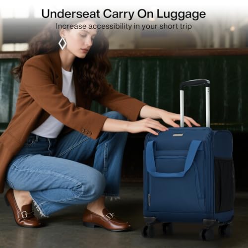 MILADA Underseat Carry On Luggage with Wheels, Airline Approved 16-inch Spinner Small Suitcase, Softside Travel Luggage, Personal Item Overnight Bag, Business Mini Suitcase for Women and Men, Blue