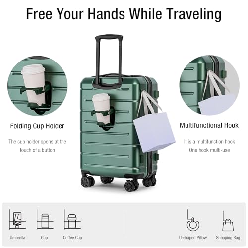 KYME Carry On Luggage 22x14x9 Airline Approved Hardshell Carry On Suitcases with Wheels Travel Rolling 20 Inch Luggage with Cup Holder for Men Women,Carry-on Green