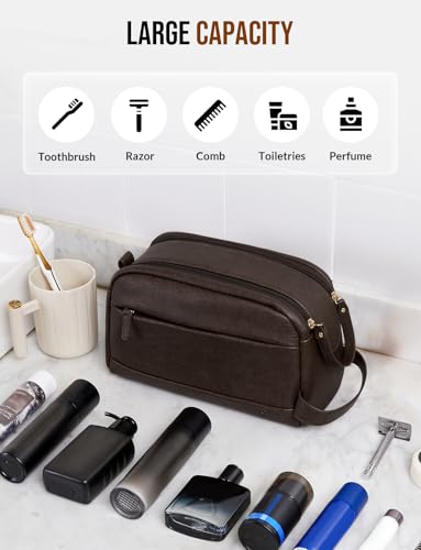 Celvetch PU Leather Toiletry Bag for Men - Water Resistant Travel Bag for Toiletries, Bathroom Essentials, Accessories - Dark Brown