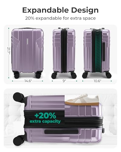 BAGSMART Expandable Carry On Luggage 22x14x9 Airline Approved, 20 Inch Travel Luggage with Spinner Wheels, Lightweight Hard Shell Suitcase Carry on Lavender Purple