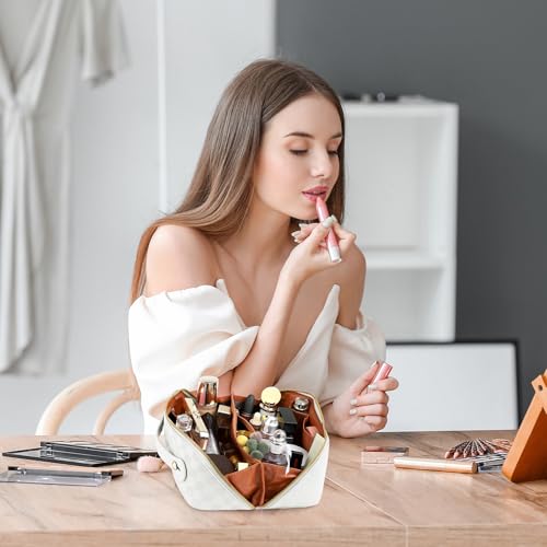 ALEXTINA Travel Makeup Bag, Large Capacity Cosmetic Bag for Women, Open Flat Make up Bag, Waterproof PU Leather Checkered Makeup Organizer Bag with Collapsible Handle,Toiletry Bag for Cosmetics, White